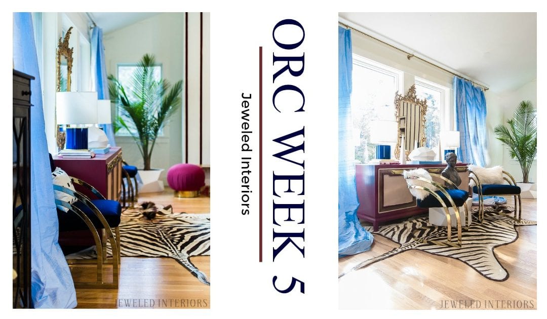 You've got to see this One Room Challenge Make-overs || Jeweledinteriors, One Room Challenge, ORC, parisian, apartment, rental, diy, zebra, rug, hide, milo baughman, navy, velvet, silk, curtains, brass, gold, chic, hardwood floors, antique, mirror, eclectic, kelly wearstler, pillow, kate spade, lamp, powder blue, obelisk, victorian, 1980's, vintage, living room, chic, roman bust, statue
