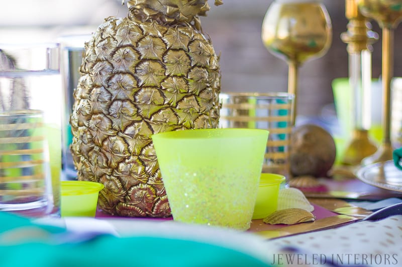 Decorations, decorate, Pineapple, welcome, party, celebration, extravaganza, photo, booth, back drop, candle, DIY, inexpensive, cheap, paper, flowers, hibiscus, welcome, friends, buffet, table, tablescape, napkin, ring, sea shell, sea shells, black, white, gold, purple, fuschia, neon, yellow, green, inexpensive 