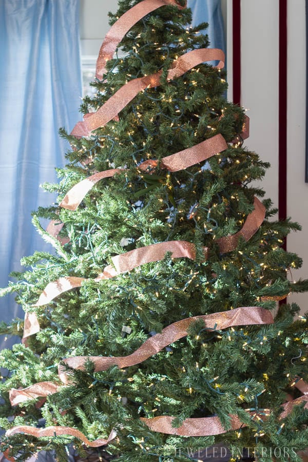 Looking for inspiration for Christmas Tree inspiration?  You have got to see this || Jeweled Interiors, Holiday, Home Tour, Burgundy, wine, Blush, Christmas, Decor, decoration, Ideas, Tips,  Christmas, holiday, tree,  pink, DIY, inspiration, red, maroon, ostrich feathers, poinsettia, glam, chic, peach, gold, black, white , eclectic, chic,  romantic