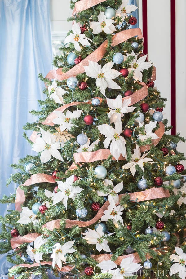 Looking for inspiration for Christmas Tree inspiration?  You have got to see this || Jeweled Interiors, Holiday, Home Tour, Burgundy, wine, Blush, Christmas, Decor, decoration, Ideas, Tips,  Christmas, holiday, tree,  pink, DIY, inspiration, red, maroon, ostrich feathers, poinsettia, glam, chic, peach, gold, black, white , eclectic, chic,  romantic