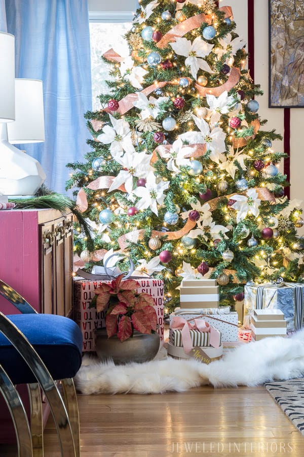 Looking for inspiration for Christmas Tree inspiration?  You have got to see this || Jeweled Interiors, Holiday, Home Tour, Burgundy, wine, Blush, Christmas, Decor, decoration, Ideas, Tips,  Christmas, holiday, tree,  pink, DIY, inspiration, red, maroon, ostrich feathers, poinsettia, glam, chic, peach, gold, black, white , eclectic, chic,  romantic