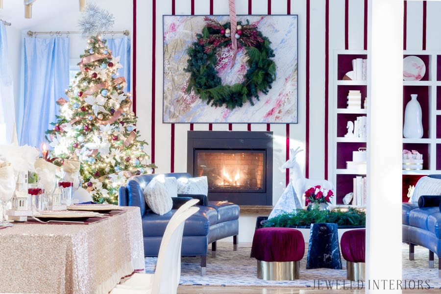 Looking for inspiration for a glam Christmas?  You have got to see this! Jeweled Interiors Holiday Home Tour 2017 | Burgundy   Blush Christmas Decor Ideas and Tips ⋆ Jeweled interiors, wreaths, Christmas, holiday, tree, decor, decorations, stockings, ideas, DIY, inspiration, burgundy, blush, red, maroon, wine, home tour, poinsettia, glam, chic, peach, village, gold, black, white