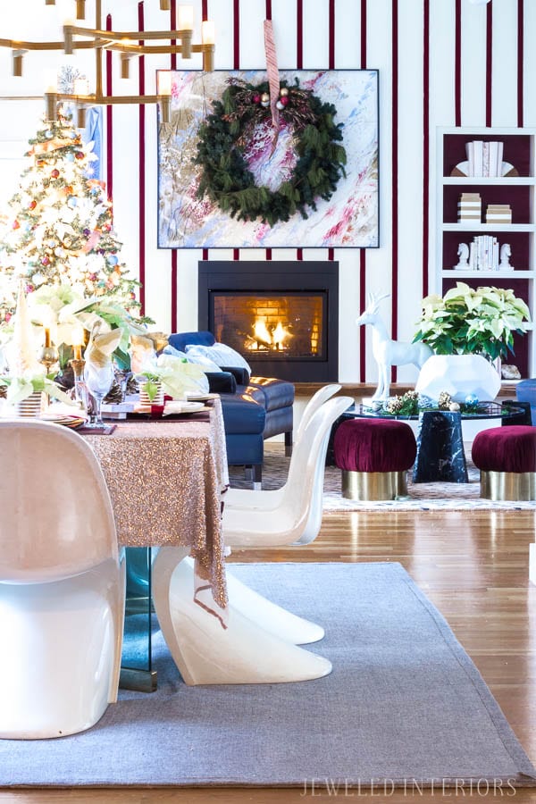 HOLIDAY HOME TOUR REVEAL || HOLIDAY COFFEE TABLE DECOR || Looking for inspiration for an eclectic, chic, and glam Christmas? Jeweled Interiors, Holiday, Home Tour, Burgundy, cranberry, blush, Decor, Ideas, Tips, black, marble, Christmas, tree, decor, decorations, DIY, inspiration, red, maroon, wine, home tour, poinsettia, glam, chic, peach, gold, black, white, statue, reindeer