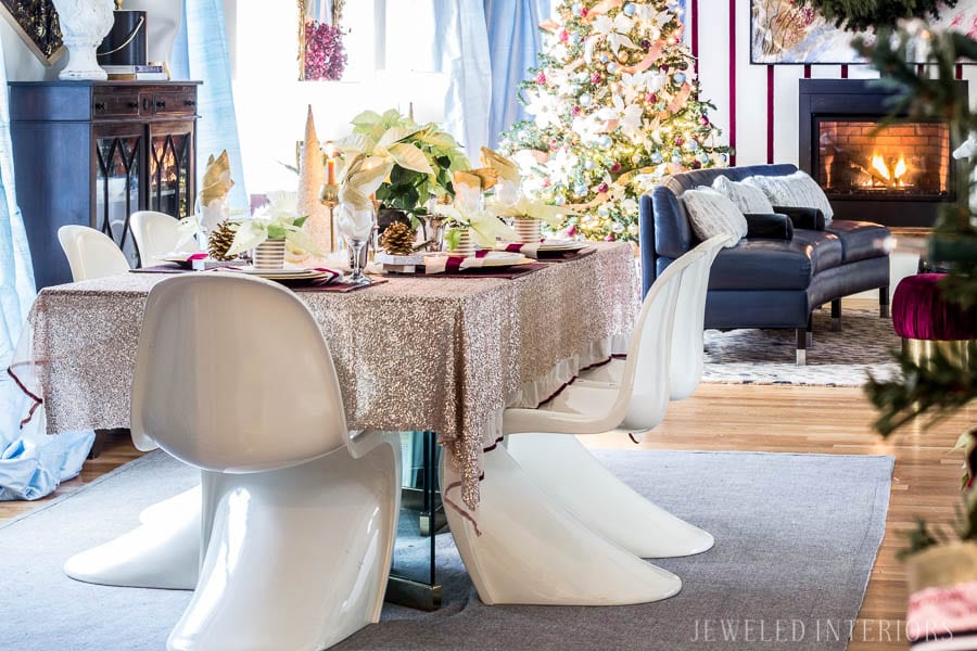 I learned so much from this 8 step tutorial on how to set a pretty tablescape! || Jeweledinteriors, jeweled interiors, party, planning, dinner, brunch, banquet, table, setting, centerpiece, placemats, napkin, rings, flowers, candles, vintage, dollar store, beautiful, sequin, sheepskin, texture