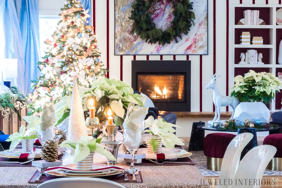 Looking for inspiration for a eclectic, chic, an glam Christmas? You have got to see this! Jeweled Interiors, Holiday, Home Tour, Burgundy, cranberry, blush, Christmas, Decor, Ideas, Tips, wreaths, Christmas, tree, decor, decorations, DIY, inspiration, red, maroon, wine, home tour, poinsettia, glam, chic, peach, gold, black, white