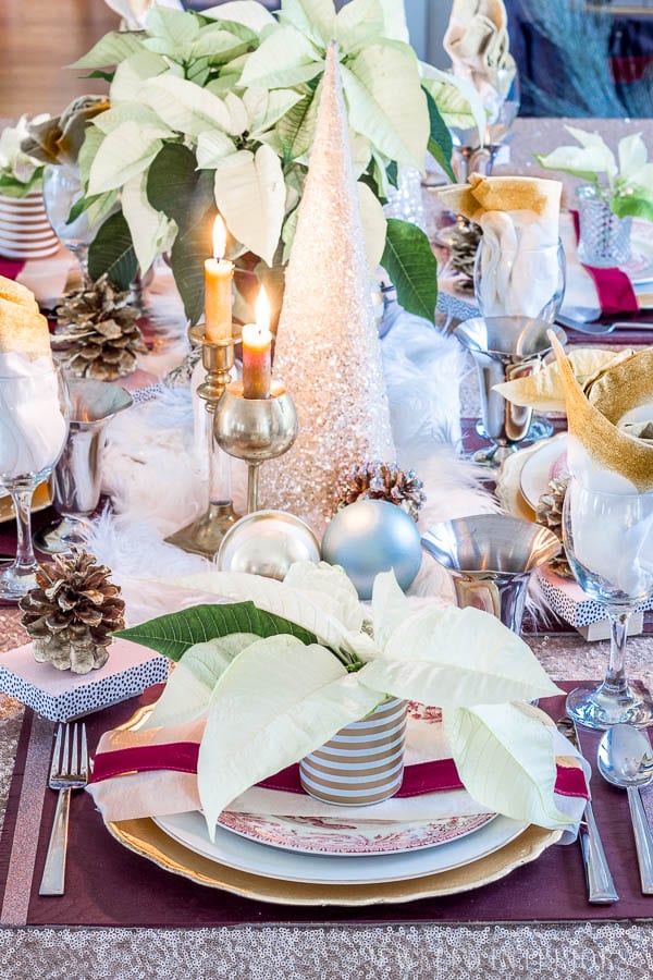 I learned so much from this 8 step tutorial on how to set a pretty tablescape! || Jeweledinteriors, jeweled interiors, party, planning, dinner, brunch, banquet, table, setting, centerpiece, placemats, napkin, rings, flowers, candles, vintage, dollar store, beautiful, sequin, sheepskin, texture