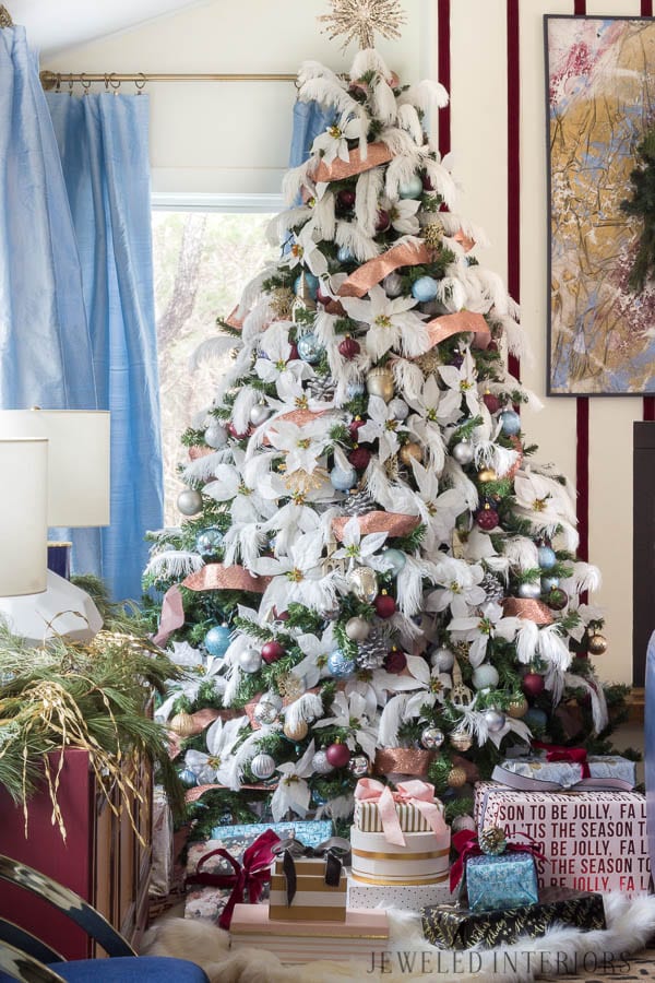 Looking for inspiration for Christmas Tree inspiration?  You have got to see this || Jeweled Interiors, Holiday, Home Tour, Burgundy, wine, Blush, Christmas, Decor, decoration, Ideas, Tips,  Christmas, holiday, tree,  pink, DIY, inspiration, red, maroon, ostrich feathers, poinsettia, glam, chic, peach, gold, black, white , eclectic, chic,  romantic