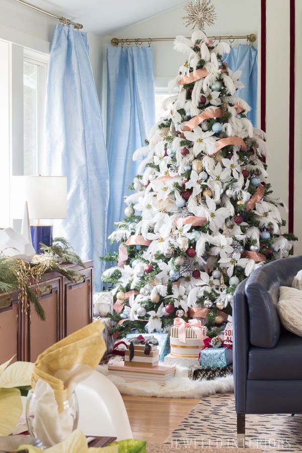 Looking for inspiration for Christmas Tree inspiration?  You have got to see this || Jeweled Interiors, Holiday, Home Tour, Burgundy, wine, Blush, Christmas, Decor, decoration, Ideas, Tips,  Christmas, holiday, tree,  pink, DIY, inspiration, red, maroon, ostrich feathers, poinsettia, glam, chic, peach, gold, black, white , eclectic, chic,  romantic