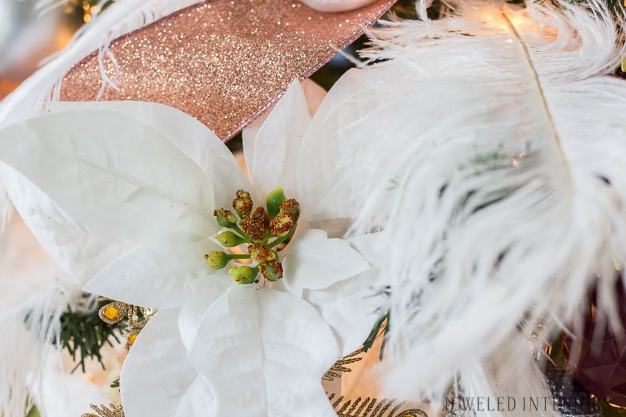 Looking for inspiration for Christmas Tree inspiration?  You have got to see this || Jeweled Interiors, Holiday, Home Tour, Burgundy, wine, Blush, Christmas, Decor, decoration, Ideas, Tips,  Christmas, holiday, tree,  pink, DIY, inspiration, red, maroon, ostrich feathers, poinsettia, glam, chic, peach, gold, black, white , eclectic, chic,  romantic