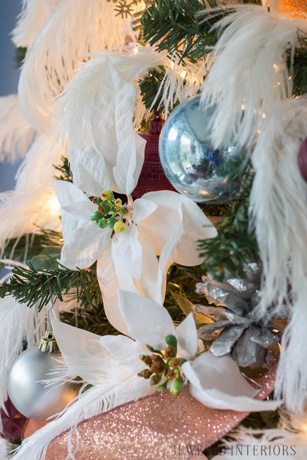 Looking for inspiration for Christmas Tree inspiration?  You have got to see this || Jeweled Interiors, Holiday, Home Tour, Burgundy, wine, Blush, Christmas, Decor, decoration, Ideas, Tips,  Christmas, holiday, tree,  pink, DIY, inspiration, red, maroon, ostrich feathers, poinsettia, glam, chic, peach, gold, black, white , eclectic, chic,  romantic