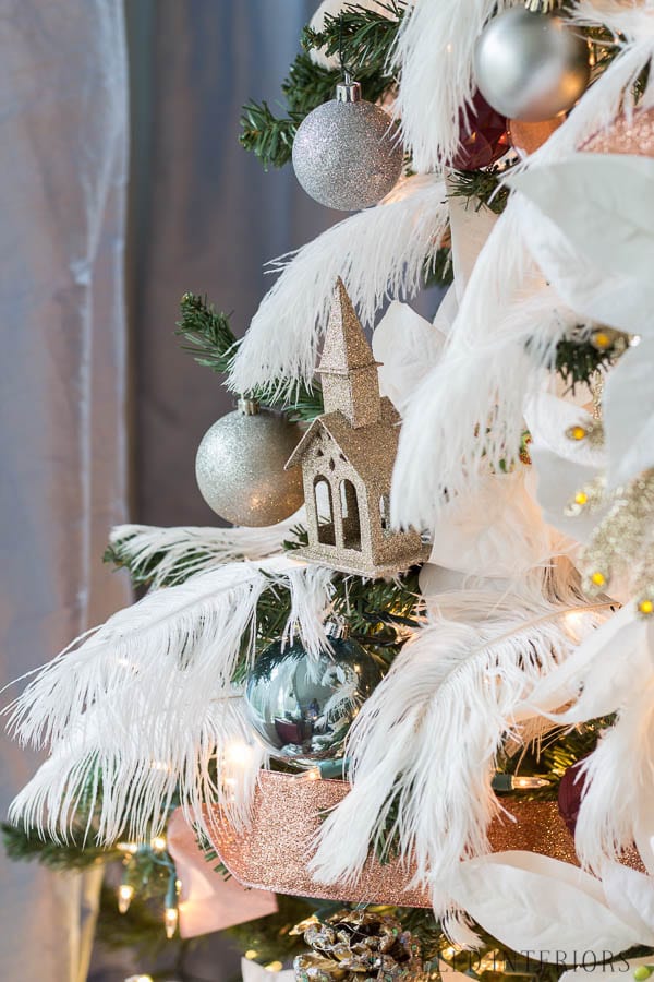 Looking for inspiration for Christmas Tree inspiration?  You have got to see this || Jeweled Interiors, Holiday, Home Tour, Burgundy, wine, Blush, Christmas, Decor, decoration, Ideas, Tips,  Christmas, holiday, tree,  pink, DIY, inspiration, red, maroon, ostrich feathers, poinsettia, glam, chic, peach, gold, black, white , eclectic, chic,  romantic