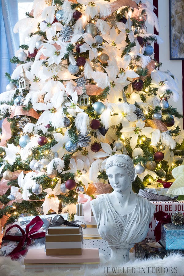 Looking for inspiration for Christmas Tree inspiration?  You have got to see this || Jeweled Interiors, Holiday, Home Tour, Burgundy, wine, Blush, Christmas, Decor, decoration, Ideas, Tips,  Christmas, holiday, tree,  pink, DIY, inspiration, red, maroon, ostrich feathers, poinsettia, glam, chic, peach, gold, black, white , eclectic, chic,  romantic
