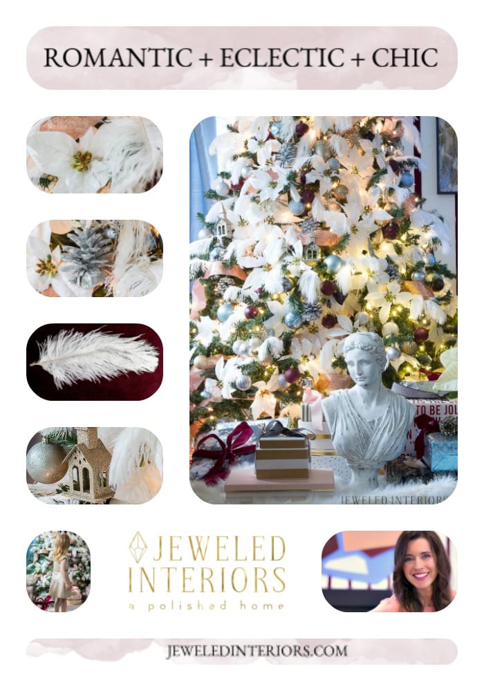Looking for inspiration for Christmas Tree inspiration?  You have got to see this || Jeweled Interiors, Holiday, Home Tour, Burgundy, wine, Blush, Christmas, Decor, decoration, Ideas, Tips,  Christmas, holiday, tree,  pink, DIY, inspiration, red, maroon, ostrich feathers, poinsettia, glam, chic, peach, gold, black, white , eclectic, chic,  romantic