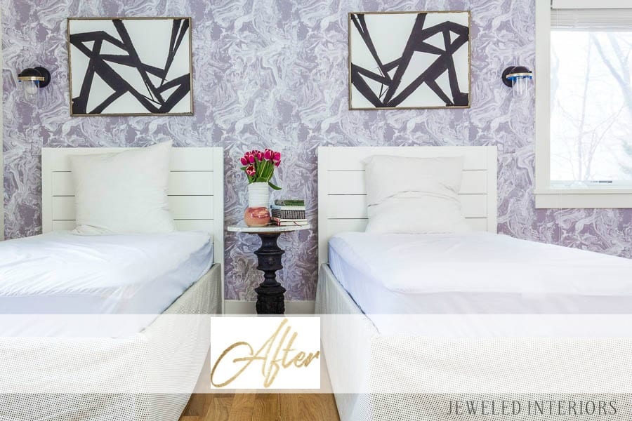 Check out how what a difference removable wallpaper makes in a room || jeweled interiors, temper, Tokyo, ash, removable, wallpaper, Tempaper Installation, tween, teen, girl, room, lavender, purple, marble, before, after, reveal, how to, tips, 