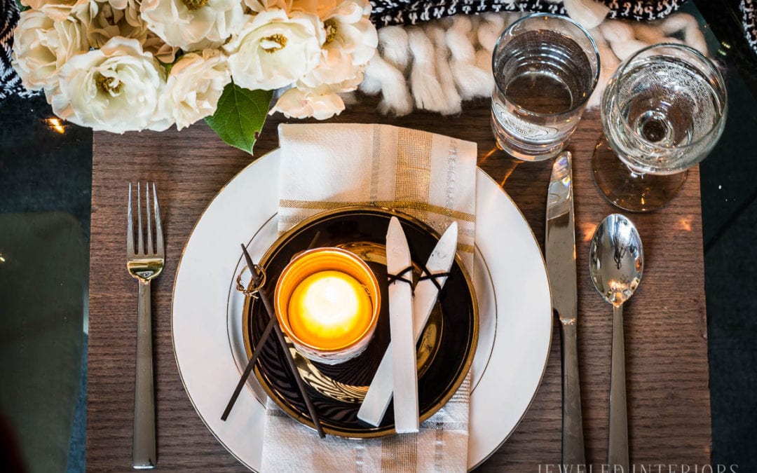 Apres Ski Party Blog Hop|| Jeweled Interiors, party, ski, buffet, tablescape, table, setting, black and white, candles, brass, potato bar, mashed potato, china, vintage, brass, candle stick, buffet line, simple, easy, lunch, dinner, brunch, buffet, flowers