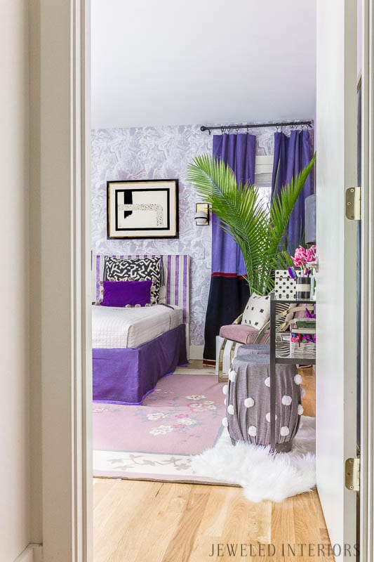 tween, bedroom, teen, teenager, girl, girls', girl's, bed, bedroom, color of the year, Ultra Violet 18-3838, eclectic, 80's, 1980's, Memphis, art, pillows, purple, lavender, lilac, black and white, bedding, tempaper, Tokyo, ace, sconce, brass, gold, bronze, bedskirt, curtains, rug, vintage, chinoiserie, boho, bohemian, stool, vanity, chair, bench, milo baugman, wallpaper, paintable, removable,. New Year New Room Challenge