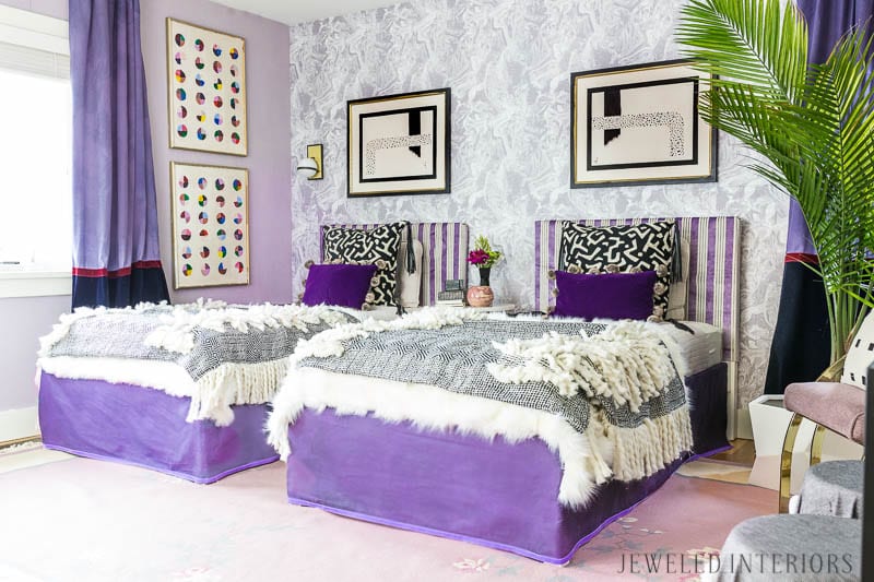 tween, bedroom, teen, teenager, girl, girls', girl's, bed, bedroom, color of the year, Ultra Violet 18-3838, eclectic, 80's, 1980's, Memphis, art, pillows, purple, lavender, lilac, black and white, bedding, tempaper, Tokyo, ace, sconce, brass, gold, bronze, bedskirt, curtains, rug, vintage, chinoiserie, boho, bohemian, stool, vanity, chair, bench, milo baugman, wallpaper, paintable, removable,. New Year New Room Challenge