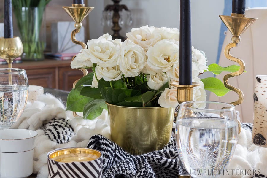 Apres Ski Party Blog Hop|| Jeweled Interiors, party, ski, buffet, tablescape, table, setting, black and white, candles, brass, potato bar, mashed potato, china, vintage, brass, candle stick, buffet line, simple, easy, lunch, dinner, brunch, buffet, flowers 