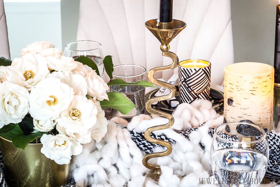 Apres Ski Party Blog Hop|| Jeweled Interiors, party, ski, buffet, tablescape, table, setting, black and white, candles, brass, potato bar, mashed potato, china, vintage, brass, candle stick, buffet line, simple, easy, lunch, dinner, brunch, buffet, flowers 