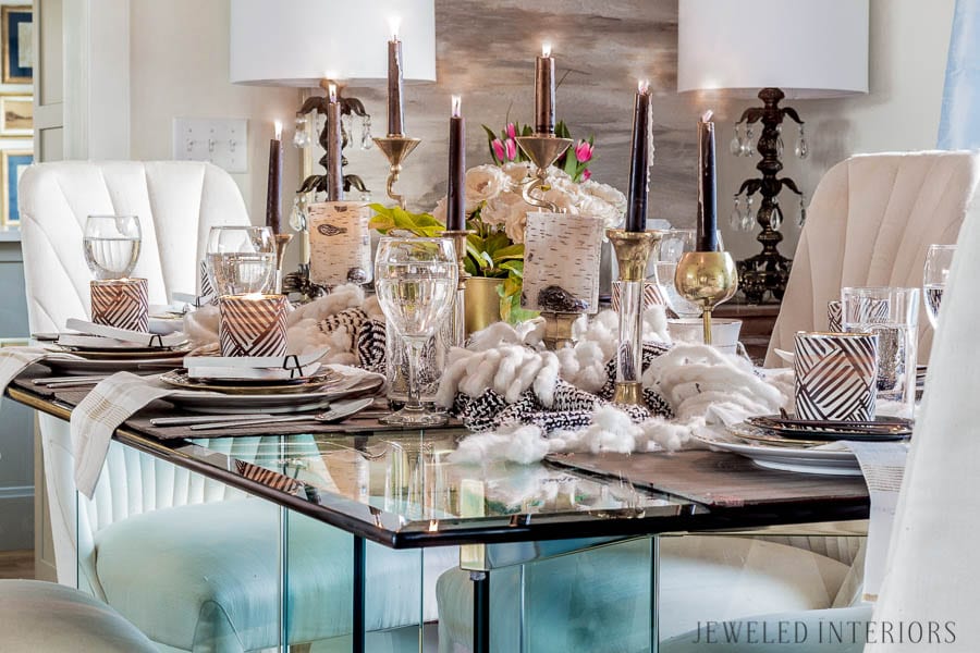 Apres Ski Party Blog Hop|| Jeweled Interiors, party, ski, buffet, tablescape, table, setting, black and white, candles, brass, potato bar, mashed potato, china, vintage, brass, candle stick, buffet line, simple, easy, lunch, dinner, brunch, buffet, flowers 