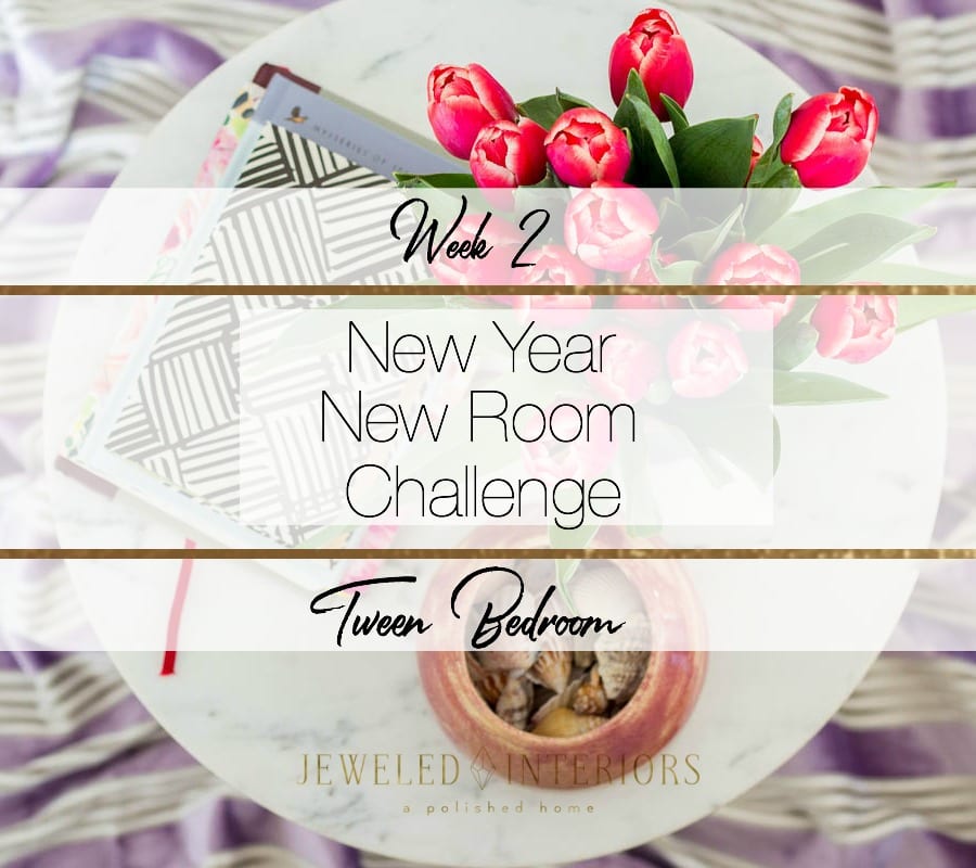 New Year NEW ROOM, NYNR, challenge, jeweled interiors, tween bedroom, pom pom, wallpaper, temper, Tokyo, glam, eclectic, velvet, rug, art, night stand, strip, dresser, marble, Pantone, purple, ultra violet, 1980's