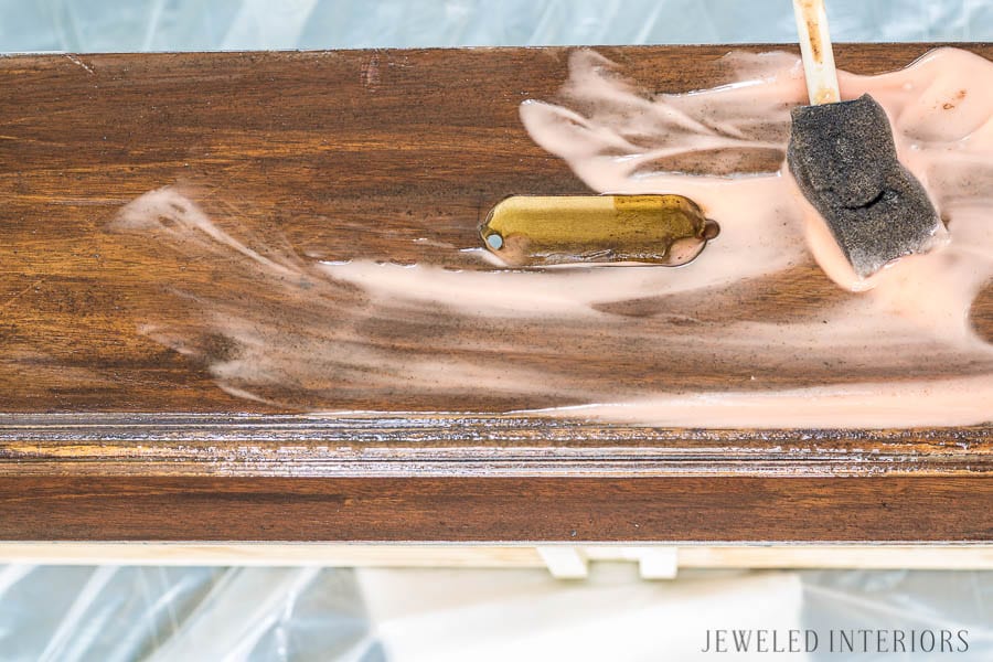 How to strip furniture || Jeweled Interiors, Tutorial, Strip, furniture, finish, varnish, stain, remove, paint, gloves, rubber, Saran Wrap, brush, sand paper, refinish, dresser, desk, table, chairs, wood, step by step, DIY, How to