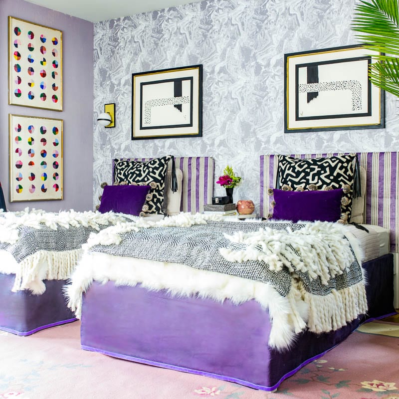 tween, bedroom, teen, teenager, girl, girls', girl's, bed, bedroom, color of the year, Ultra Violet 18-3838, eclectic, 80's, 1980's, Memphis, art, pillows, purple, lavender, lilac, black and white, bedding, tempaper, Tokyo, ace, sconce, brass, gold, bronze, bedskirt, curtains, rug, vintage, chinoiserie, boho, bohemian, stool, vanity, chair, bench, milo baugman, wallpaper, paintable, removable,. New Year New Room Challenge