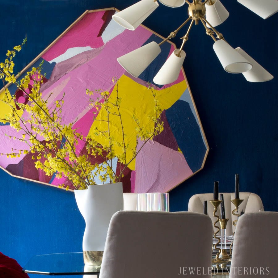 This Chandelier is Da' Bomb! Check out this adjustable, brass, art deco Buckingham Chandelier, by Hudson Valley I got from Lamps Plus. I love this lighting in my dining room. Glass table, brass chandelier, bold color, DIY Art