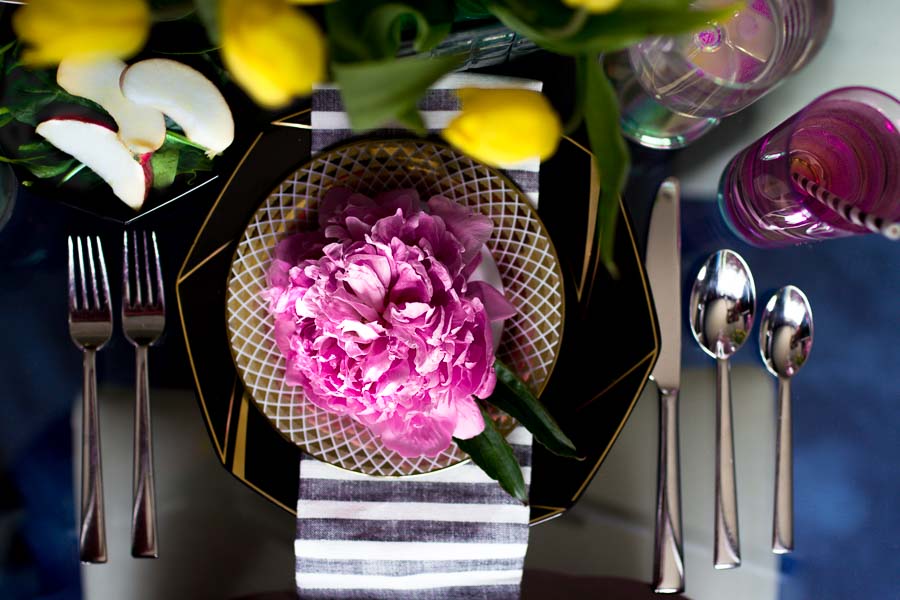 Centerpiece ideas, peonies, tulips, pink, yellow, party, formal, entertaining, beautiful, table setting, dinner party