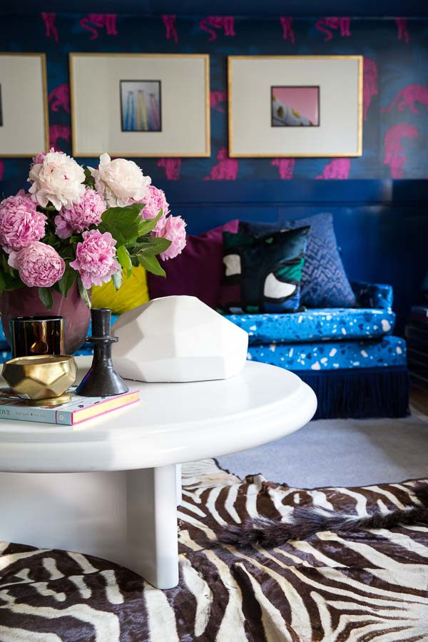 What!?! A Blue, terrazzo, velvet, sofa, with fringe? That's so Miles Redd, Luke Edward Hall, and Wes Anderson. Zebra Rug, Spoonflower, Fringe Market