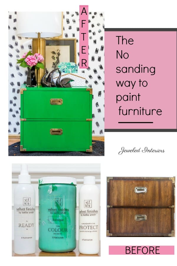 Velvet Finishes, paint, no sand, so sanding, furniture refinishing, Kelly green, paint, tutorial, color, protect, ready, campaign dresser, emerald, emerald green, campaign, high gloss, end table, Dalmatian print, black and white, green, dresser, night stand