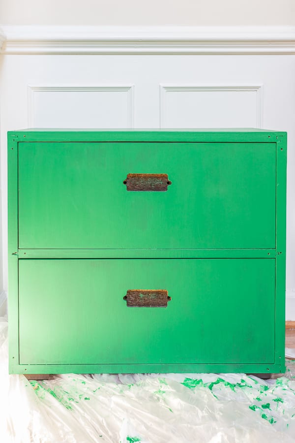 Velvet Finishes, paint, no sand, so sanding, furniture refinishing, Kelly green, paint, tutorial, color, protect, ready, campaign dresser, emerald, emerald green, campaign, high gloss, end table, Dalmatian print, black and white, green, dresser, night stand