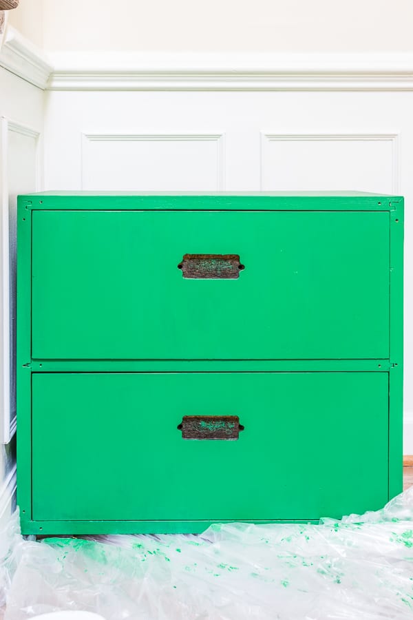 Velvet Finishes, paint, no sand, so sanding, furniture refinishing, Kelly green, paint, tutorial, color, protect, ready, campaign dresser, emerald, emerald green, campaign, high gloss, end table, Dalmatian print, black and white, green, dresser, night stand