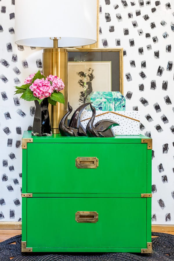 Velvet Finishes, paint, no sand, so sanding, furniture refinishing, Kelly green, paint, tutorial, color, protect, ready, campaign dresser, emerald, emerald green, campaign, high gloss, end table, Dalmatian print, black and white, green, dresser, night stand