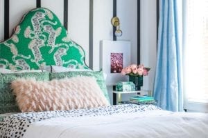 You have to see this amazing before and after transformation! Green, marble night stand, Emerald Headboard, Headboard Ideas, Custom headboard, upholstered headboard, color splash blog hop, Spoonflower fabric, striped walls, Roostery Sheets, Tempaper Mini stripes, Silk Curtains, Parisians bedroom, girl's bedroom, Teenager bedroom, tween bedroom, girl's room, palm leaf sheets, WYANDOTTE DUVET COVER, inky bits, Luxe Palm Leaf, Tropicana jaguar, lamps plus Possini, Euro, Andre, Victorian Mirror, Preppy