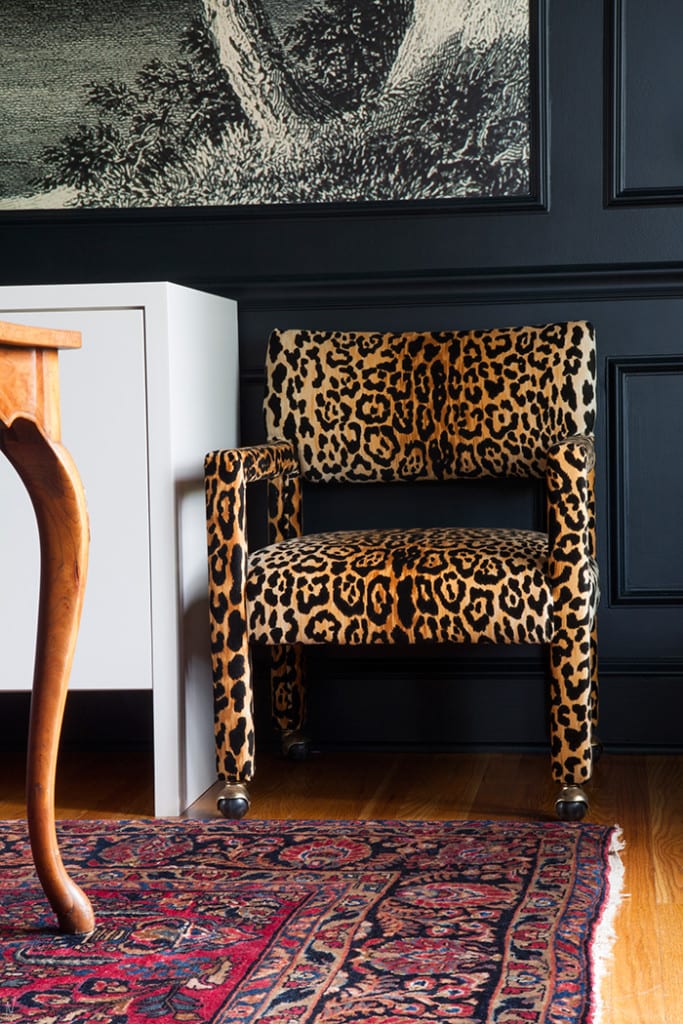 Makerista, leopard chairs, Metrie moulding, custom, millwork, walls, molding, crown moulding, chair moulding, picture frame moulding, one room challenge, Jeweled Interiors Fall 2018 One Room Challenge, 2018 fall one room challenge, before and after, colonial, French apartment,