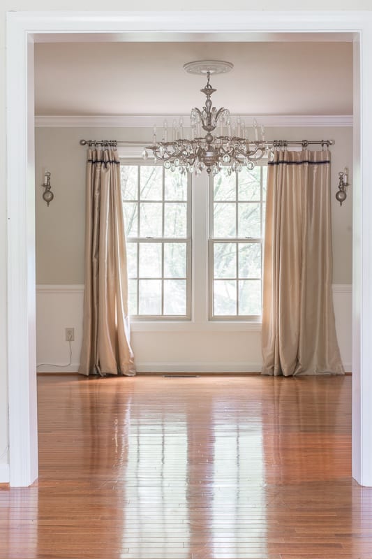 Entryway ideas, entryway, chandelier, moulding, paint, farrow and ball, Kelly Wearstler, California collection, lamps plus, Cascata lamp, drapes, 