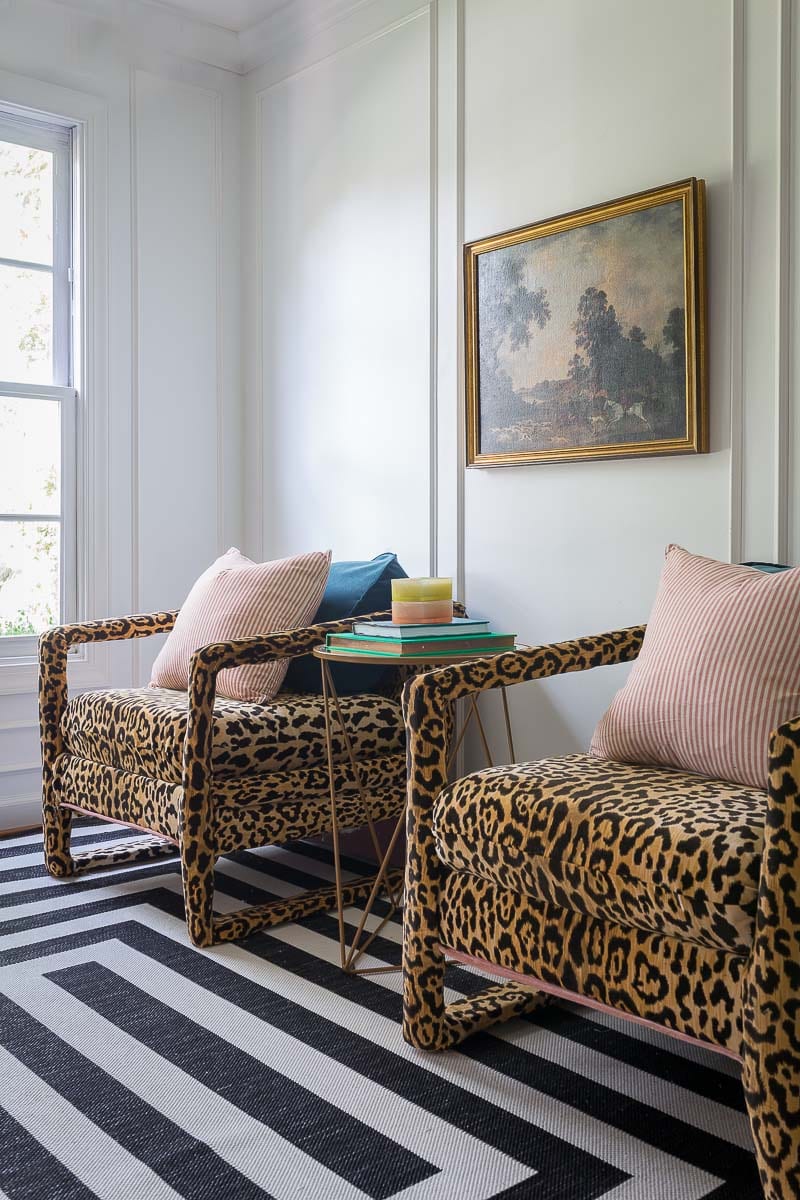 before pictures, craigslist, club chairs, leopard chairs, animal print chairs, makerista, from the right bank, leopard, tutorial, one room challenge, fall 2018 one room challenge, fabric mill, Braemore Jamil Natural Leopard Print Velvet, home pop side table, peach, pink, blush, white walls, moulding, French apartment, emerald, Kate spade, antique art