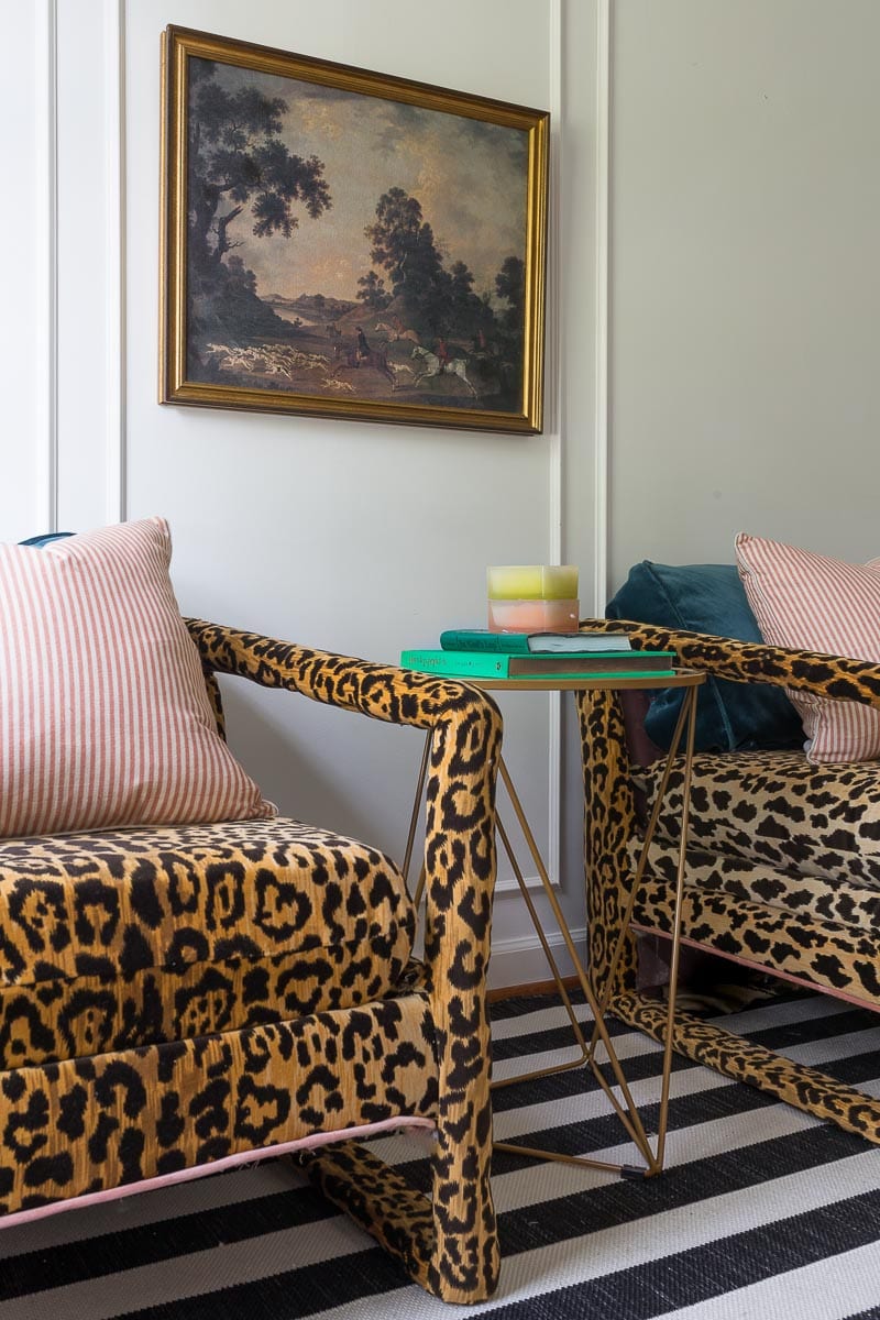 before pictures, craigslist, club chairs, leopard chairs, animal print chairs, makerista, from the right bank, leopard, tutorial, one room challenge, fall 2018 one room challenge, fabric mill, Braemore Jamil Natural Leopard Print Velvet, home pop side table, peach, pink, blush, white walls, moulding, French apartment, emerald, Kate spade, antique art