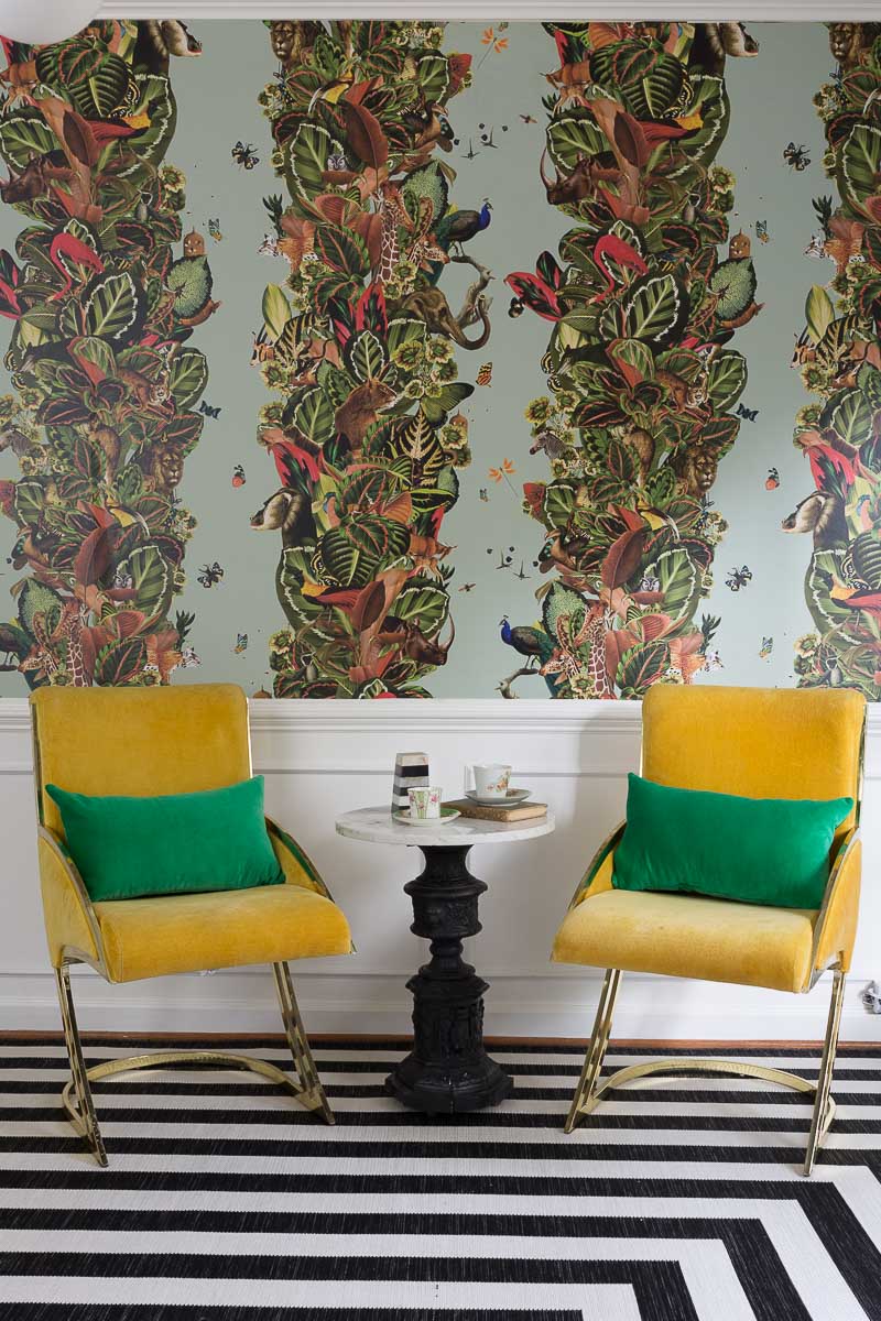 Milton and King, wallpaper, Viva Tropicana, kelly wearstler, pillow, striped rug, target, miles redd, jungle wallpaper, bohemian wallpaper, large scaled wallpaper, 2018 fall one room challenge, jeweled interiors, jewel Marlowe, 