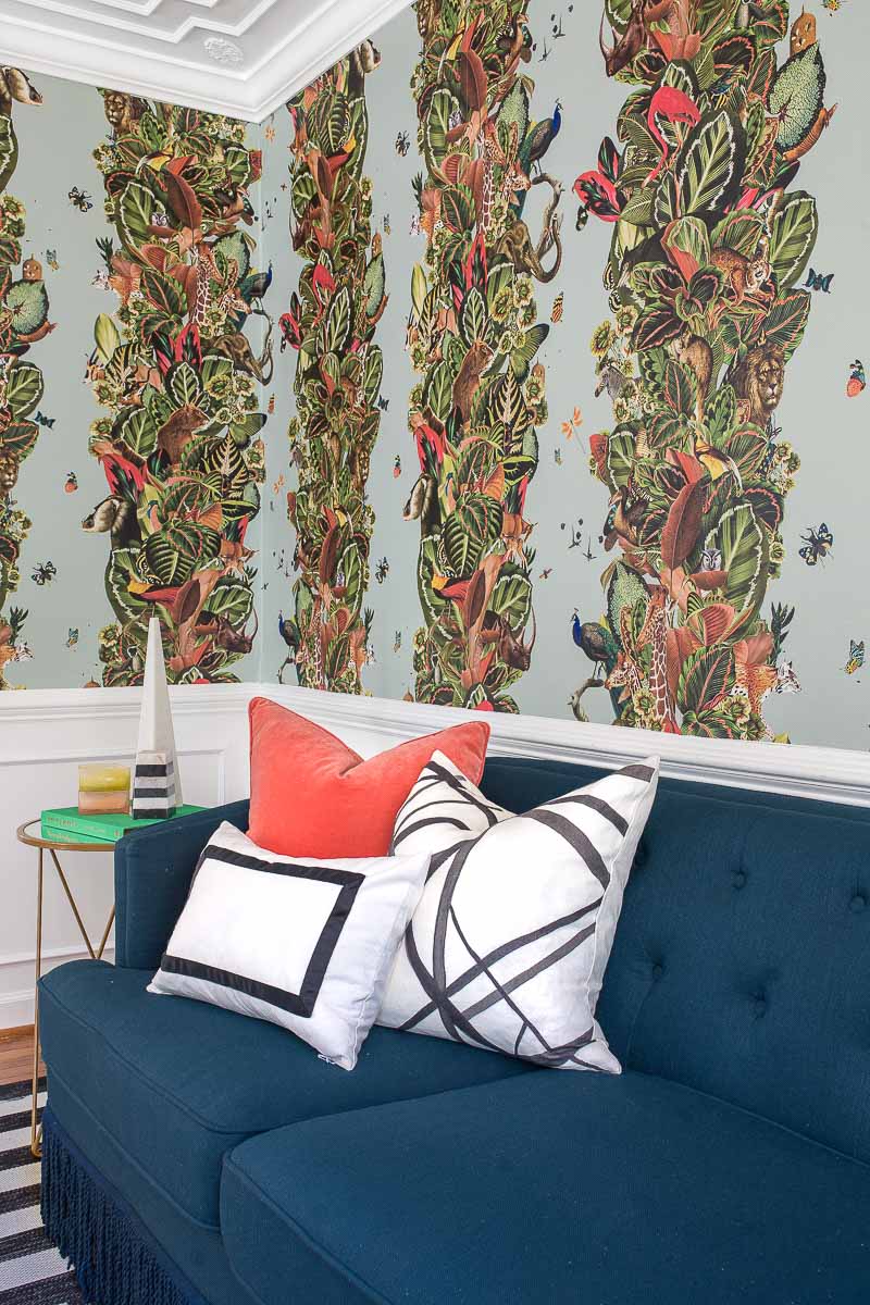 Milton and King, wallpaper, Viva Tropicana, kelly wearstler, pillow, striped rug, target, miles redd, jungle wallpaper, bohemian wallpaper, large scaled wallpaper, 2018 fall one room challenge, jeweled interiors, jewel Marlowe, 