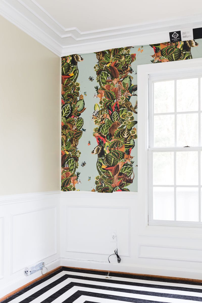 tutorial, how to hang wallpaper, paste the wall wallpaper, Milton and King, wallpaper, Viva Tropicana, kelly wearstler, pillow, striped rug, target, miles redd, jungle wallpaper, bohemian wallpaper, large scaled wallpaper, 2018 fall one room challenge, jeweled interiors, jewel Marlowe, 