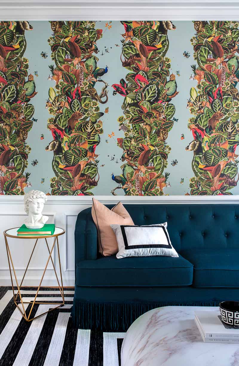 tutorial, how to hang wallpaper, paste the wall wallpaper, Milton and King, wallpaper, Viva Tropicana, kelly wearstler, pillow, striped rug, target, miles redd, jungle wallpaper, bohemian wallpaper, large scaled wallpaper, 2018 fall one room challenge, jeweled interiors, jewel Marlowe, 