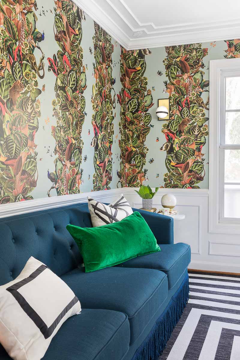 Milton and King, wallpaper, Viva Tropicana, kelly wearstler, pillow, striped rug, target, miles redd, jungle wallpaper, bohemian wallpaper, large scaled wallpaper, 2018 fall one room challenge, jeweled interiors, jewel Marlowe, 