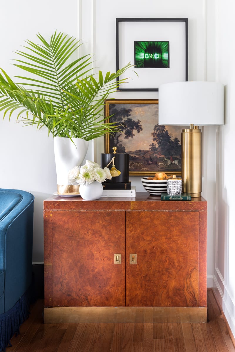 burl wood, burl cabinet, cabinet styling, jeweled interiors, jewel Marlowe, spring home tour, 2019, custom upholsery, upholstered headboard 