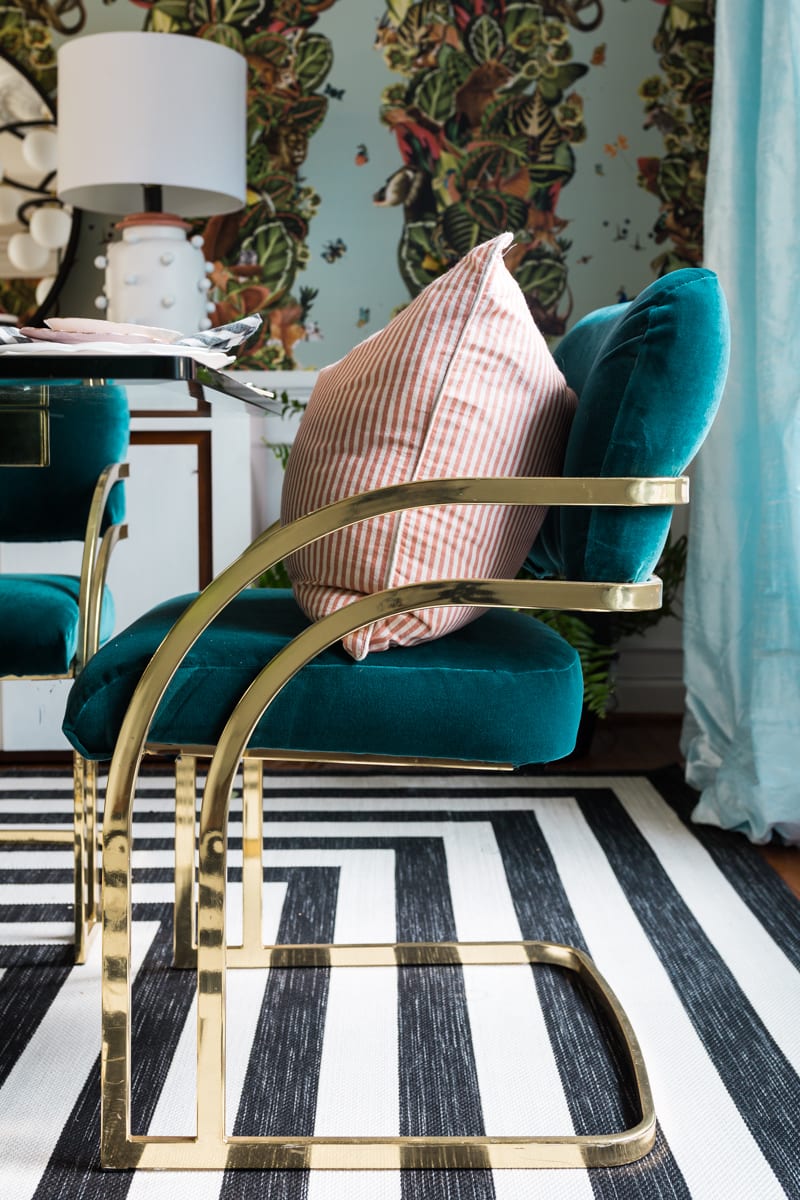 dining room, milo baughman chairs, countilever chair, teal velvet, upholstered chairs, brass chairs, milton and king, wallpaper, black and white stripes, jeweled interiors, jewel Marlowe, spring home tour, 2019, custom upholsery, upholstered headboard 