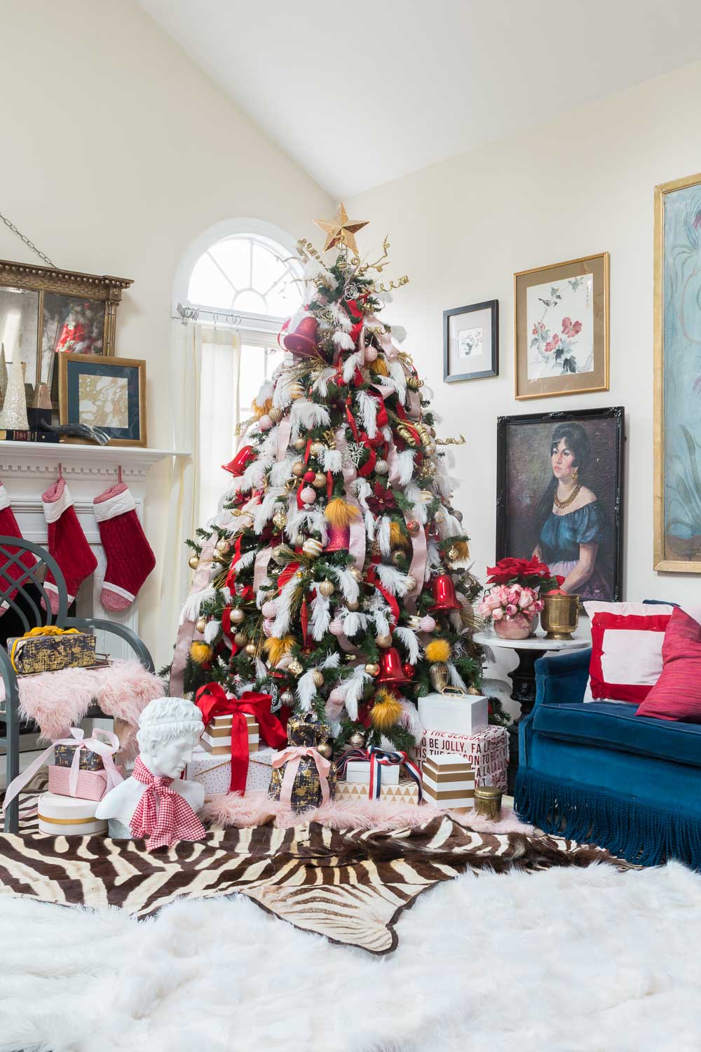 You've got to see this! It's a colorful life blog hop, jeweled interiors, 2018, Christmas, holiday, home tour, Christmas tree, miles redd, one room challenge, pink and red, zebra rug, moulding, silk curtains, Miles Redd