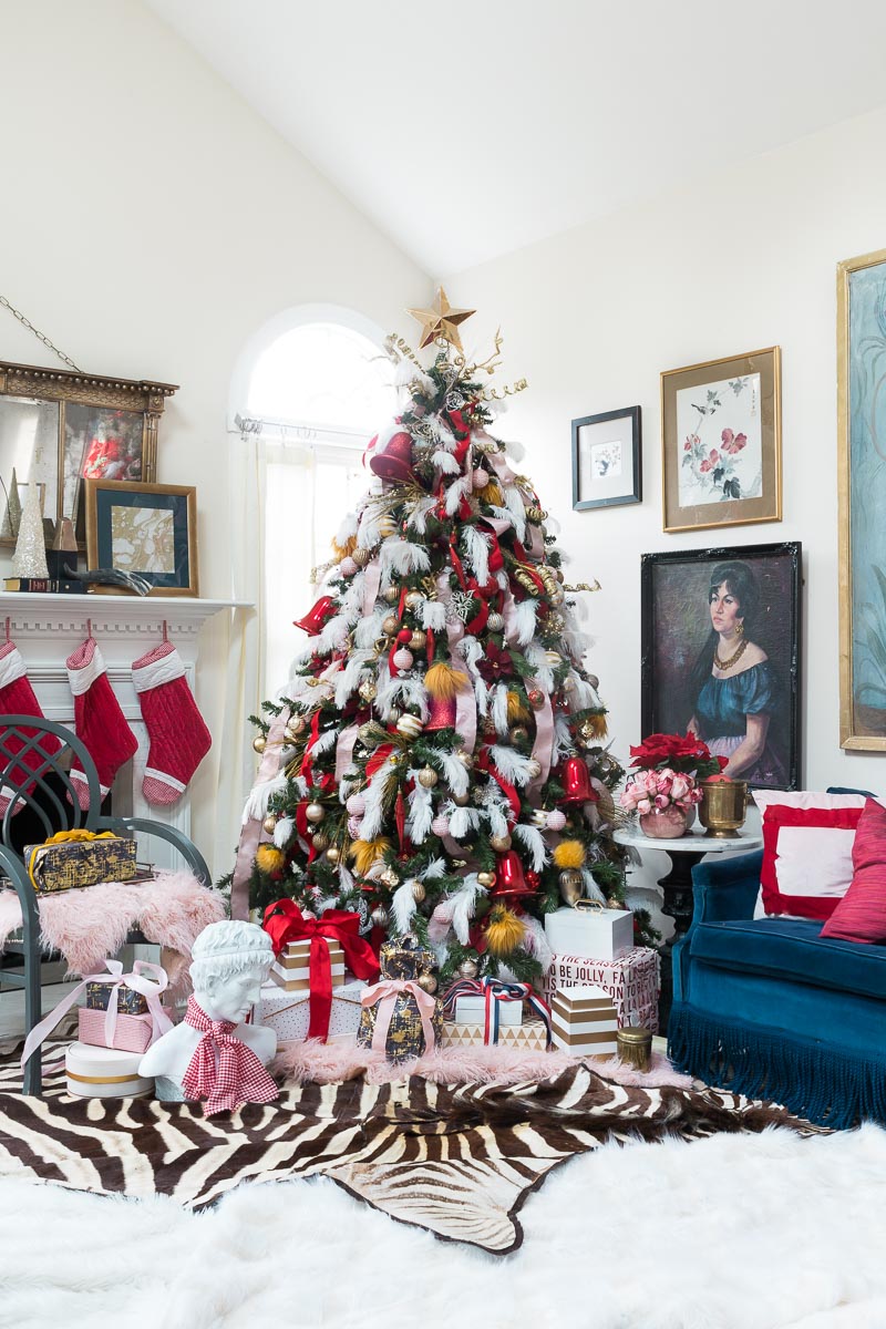 miles redd inspired Christmas, Christmas trends, how to decorate a Christmas tree, miles redd, designer tree, Christmas tree ideas, Christmas tree decorations, Christmas tree themes, Christmas tree decorating ideas, red and pink, pink Christmas tree, ostrich feathers