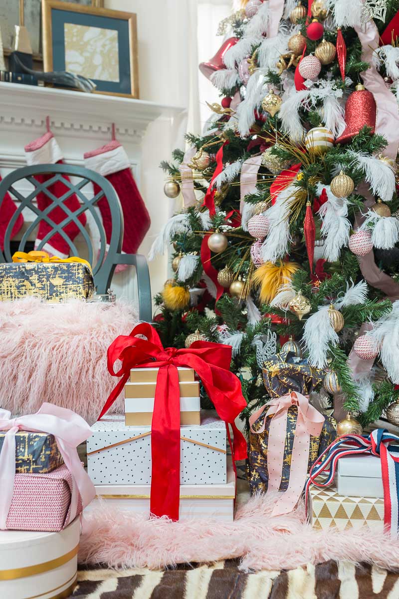 You've got to see this! It's a colorful life blog hop, jeweled interiors, 2018, Christmas, holiday, home tour, Christmas tree, miles redd, one room challenge, pink and red, zebra rug, moulding, silk curtains, Miles Redd