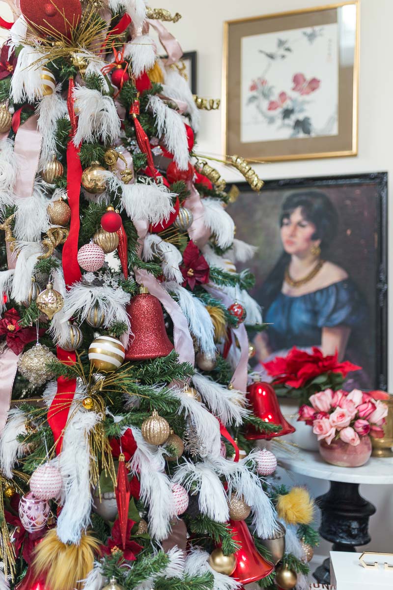 miles redd inspired Christmas, Christmas trends, how to decorate a Christmas tree, miles redd, designer tree, Christmas tree ideas, Christmas tree decorations, Christmas tree themes, Christmas tree decorating ideas, red and pink, pink Christmas tree, ostrich feathers